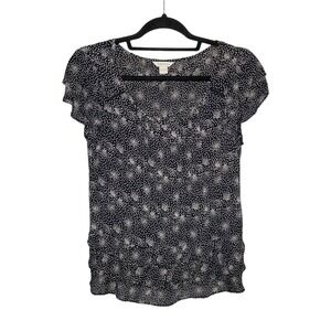 Monsoon Black & White Spotted Ruffled Short Sleeve Blouse Size 10 Career Dressy